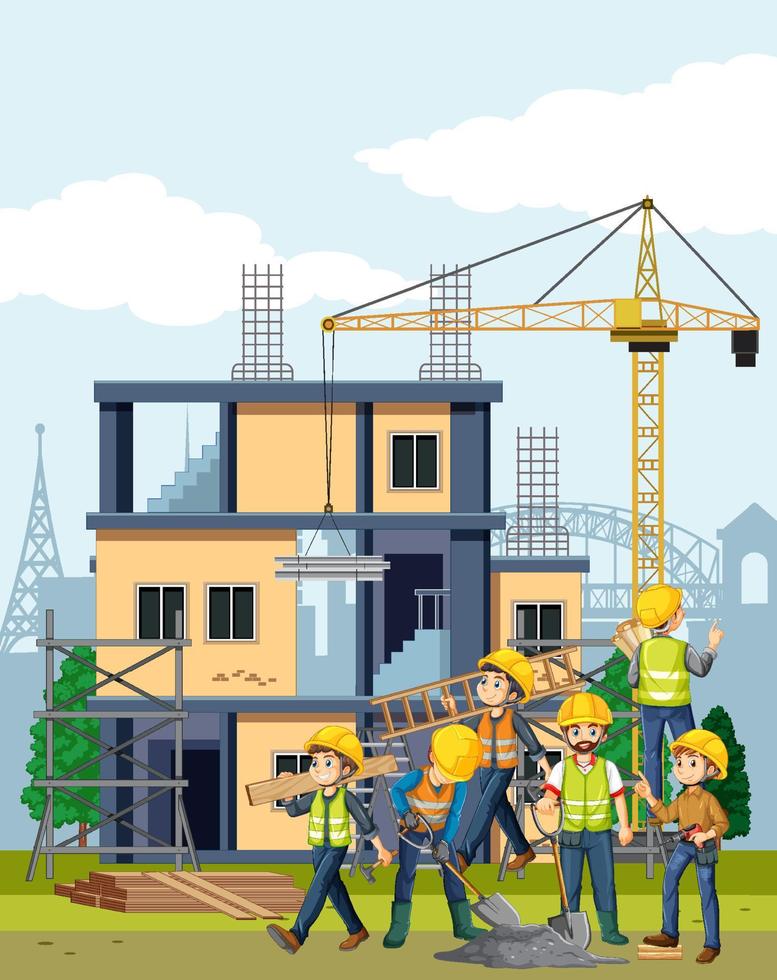 sitio de construcción de edificios con trabajadores vector