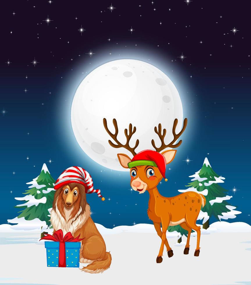 Snowy winter night with Christmas reindeer and a dog vector