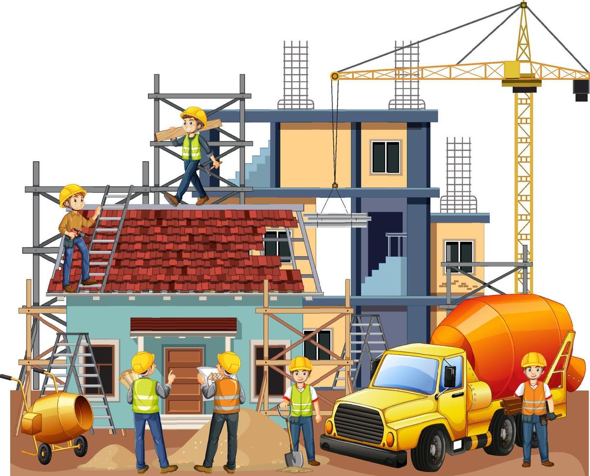 Isolated construction site with workers vector