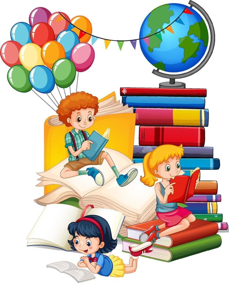 Three children are reading books on a stack of books vector