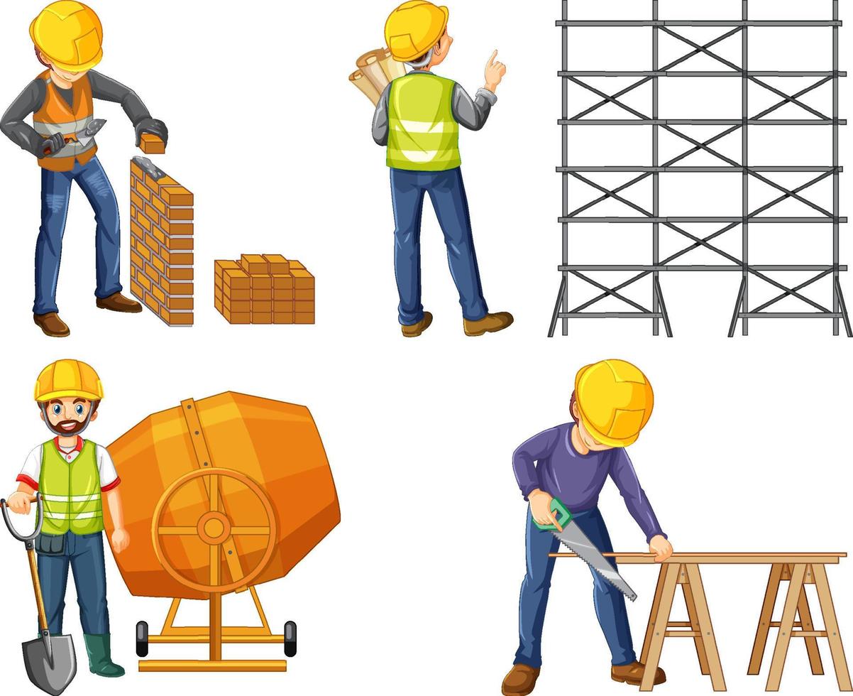 Construction worker set with man and tools vector