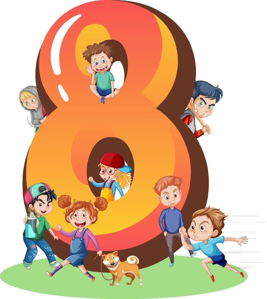 Eight kids with number eight cartoon vector