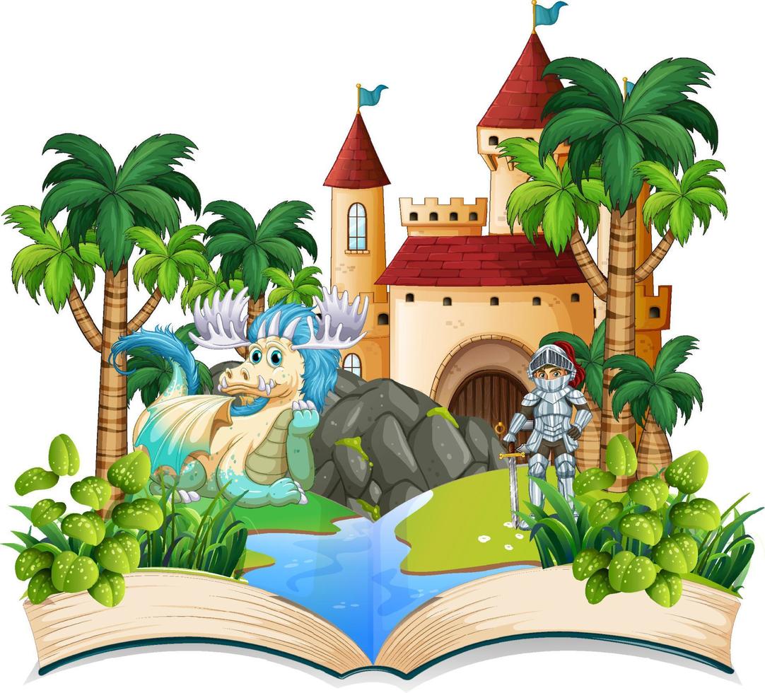 libro con caballero y dragón por el castillo vector