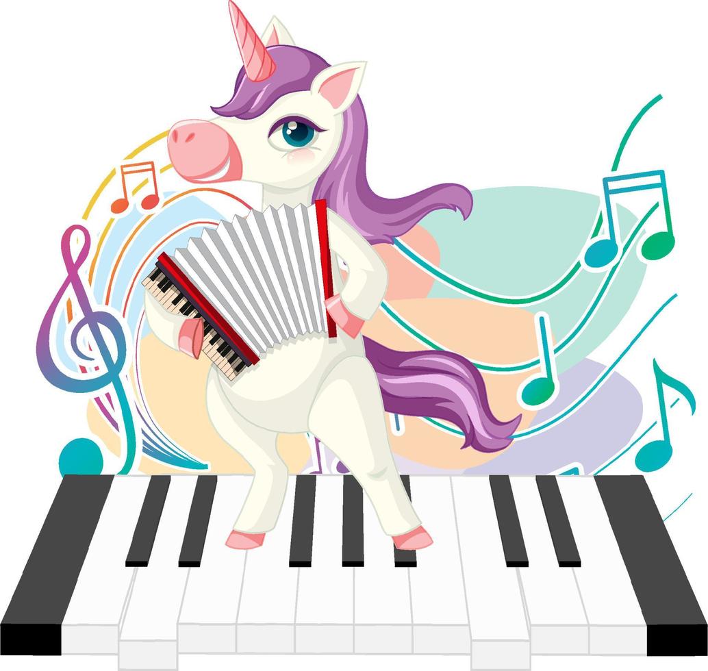 Cute purple unicorn playing accordion with music notes on piano vector