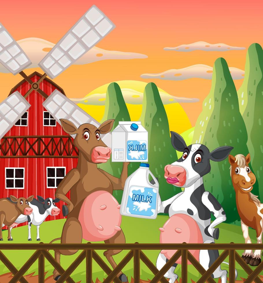 Outdoor cow farm scene with happy animals vector