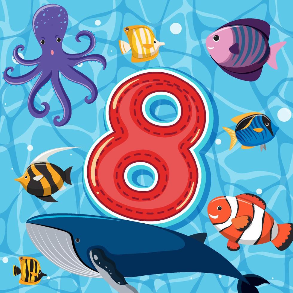 Number eight with sea animals vector