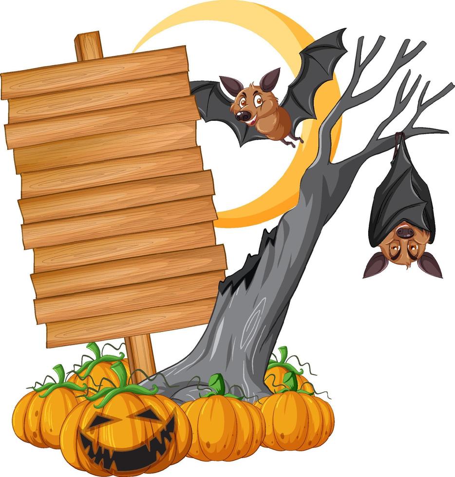 Blank wooden signboard with bat in halloween theme vector