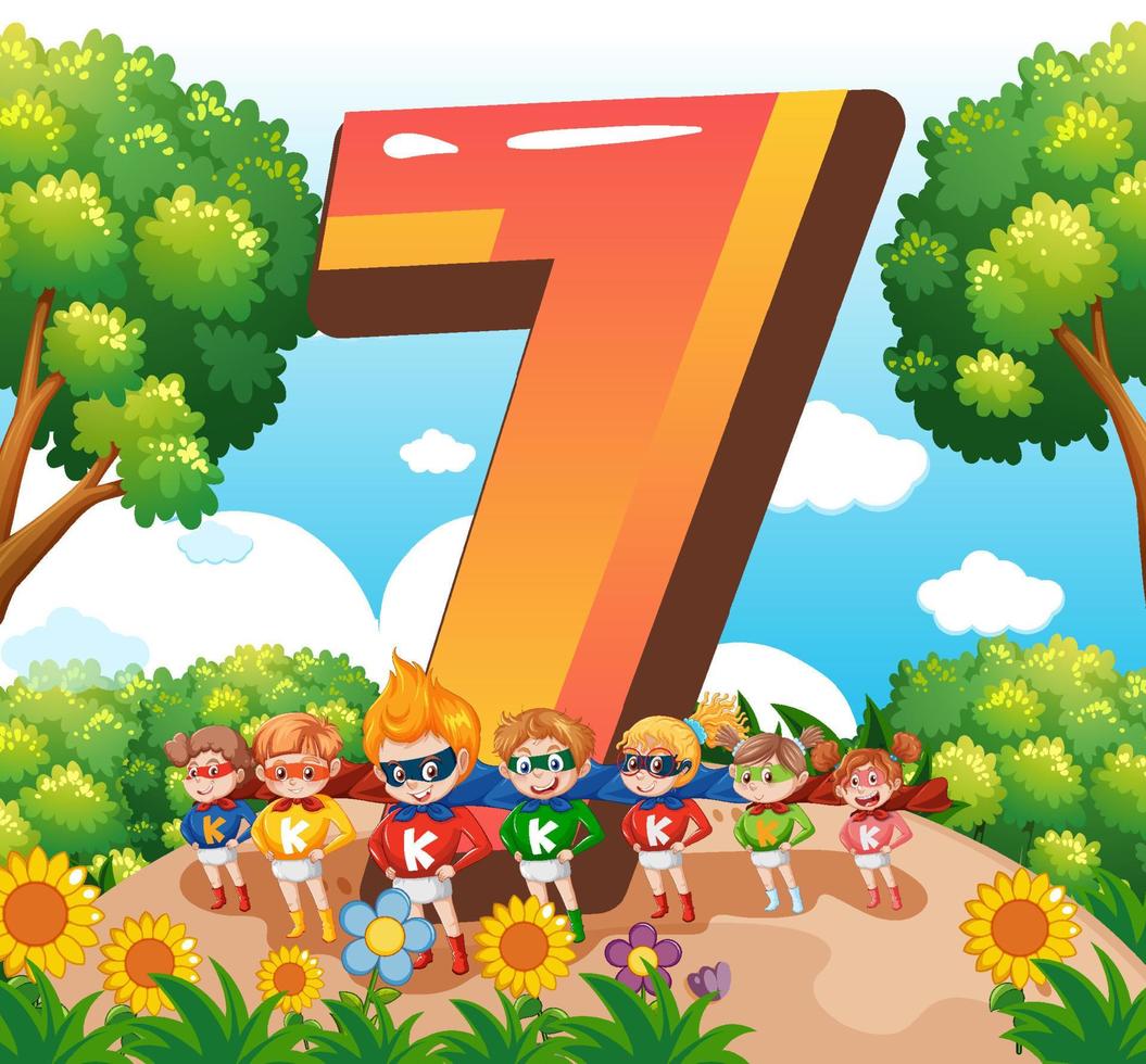 Seven kids with number seven cartoon vector