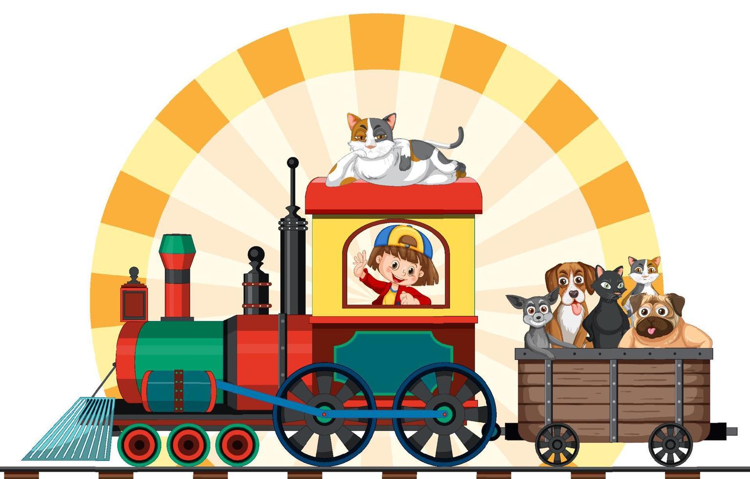 una niña con sus perros en un tren de juguete vector