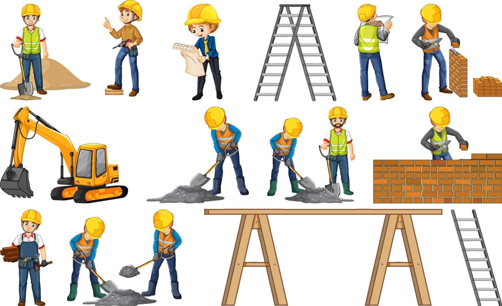 Set of construction site objects and workers vector
