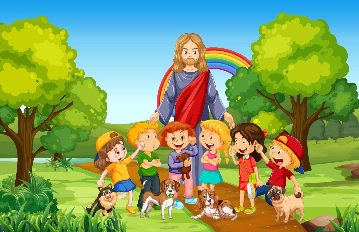 Jesus and children at the park vector