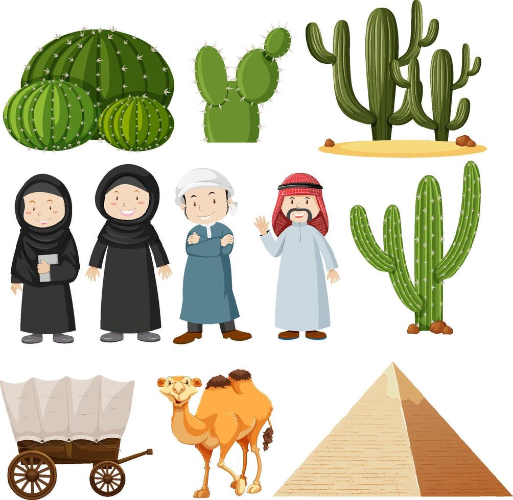 Arabic people and cactus plants vector