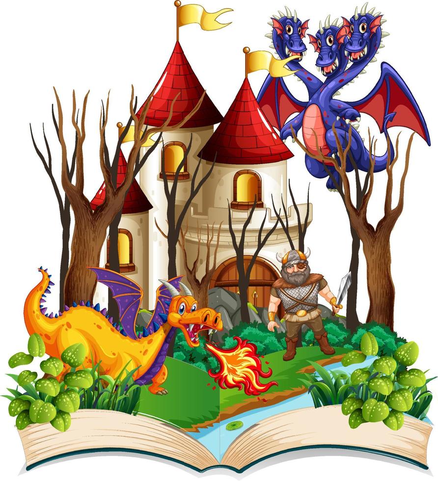 Book with scene of knight and dragons fighting vector