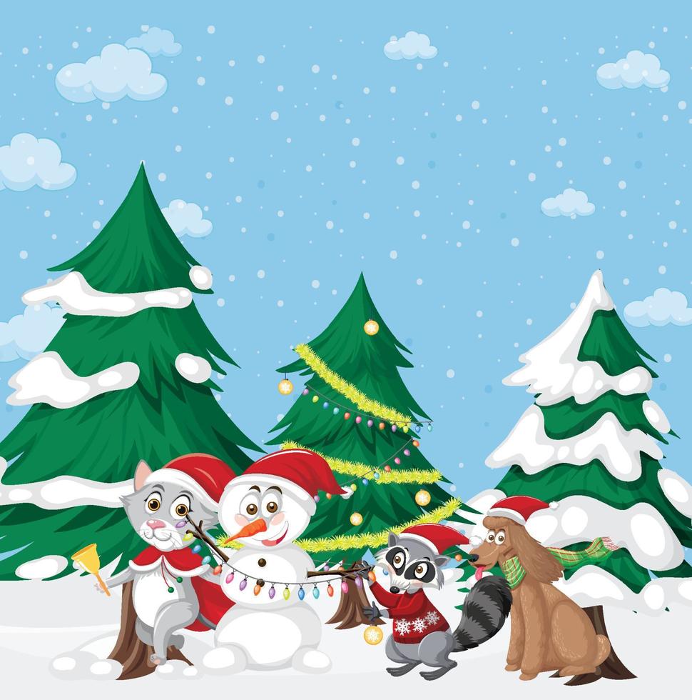 Christmas holidays with animals and snowman vector