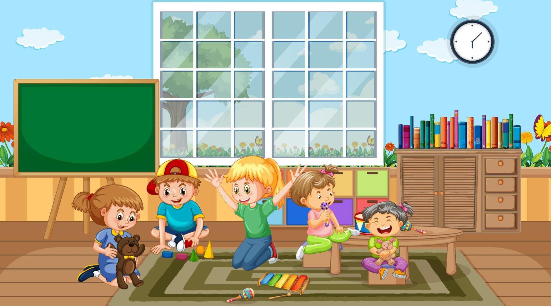 escena del aula con niños jugando vector