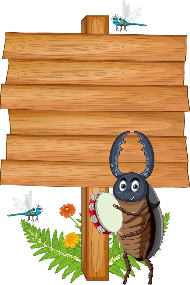 Blank wooden signboard with beetle cartoon vector