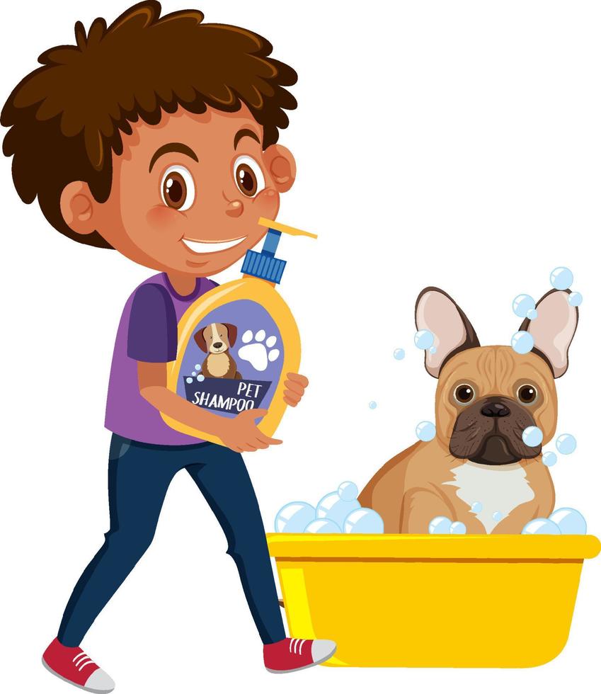 un niño lavando su bulldog francés vector