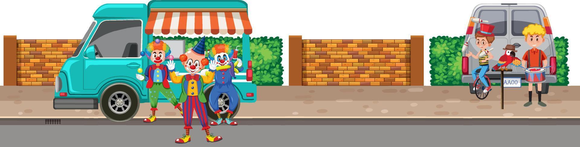 Clowns and musicians performing on the street vector