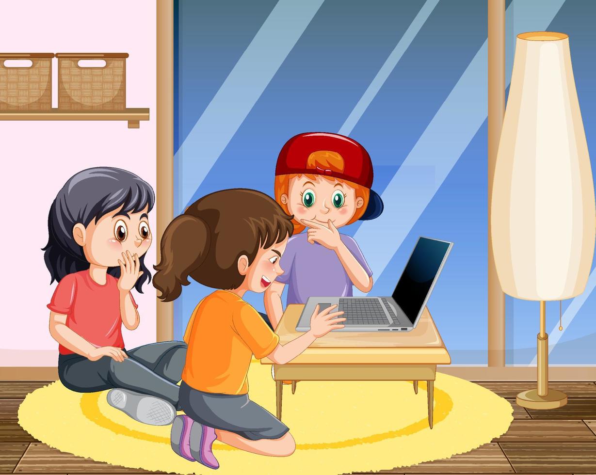 Children using laptop at home vector