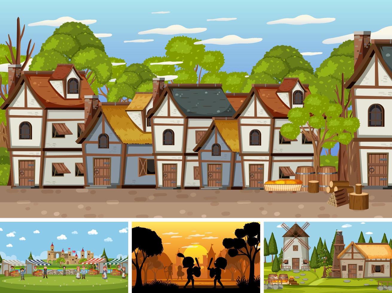 Set of different scene medieval with silhouette vector