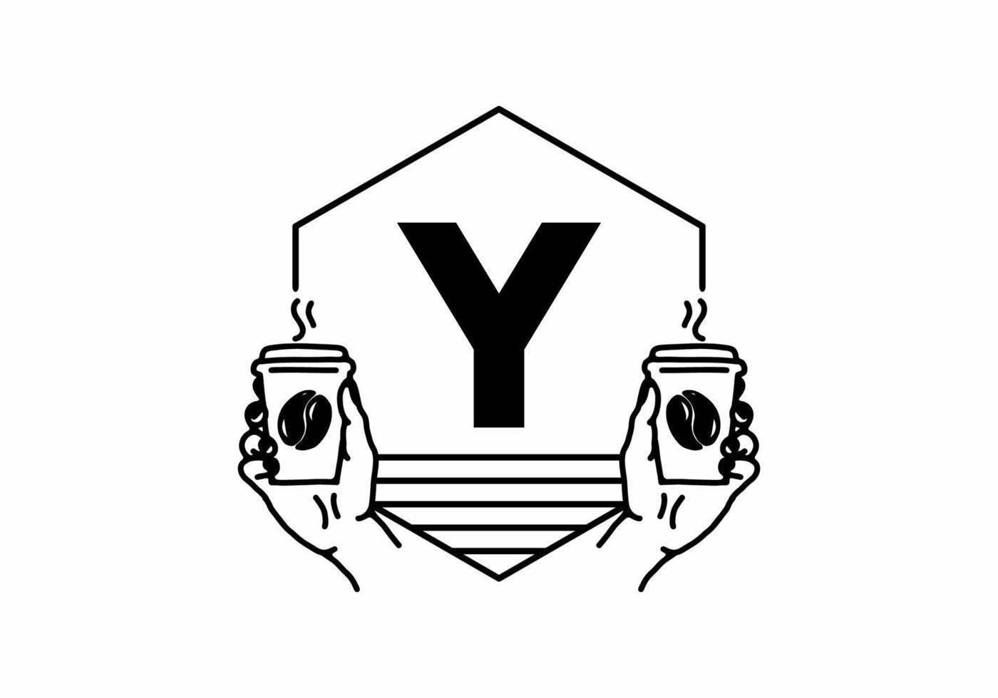 Hand holding a coffee cup line art with Y initial letter vector