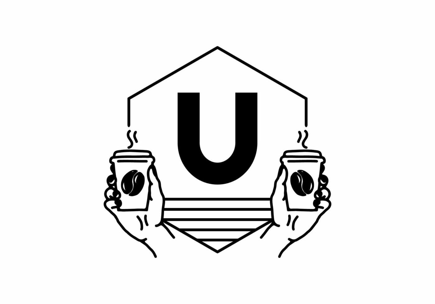 Hand holding a coffee cup line art with U initial letter vector