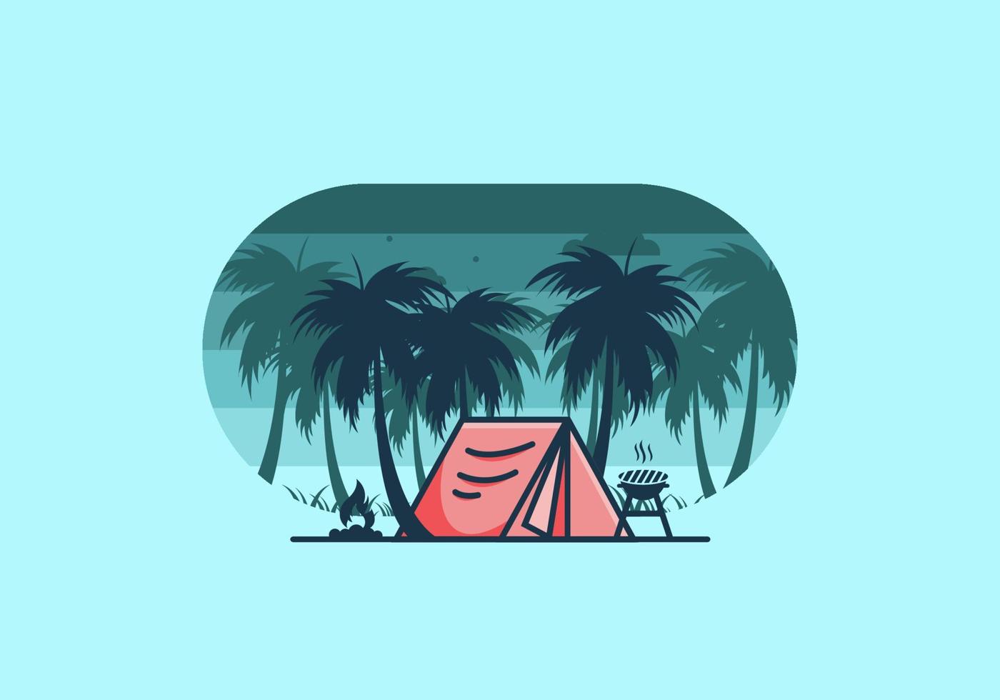 Colorful camping tent and coconut trees illustration vector