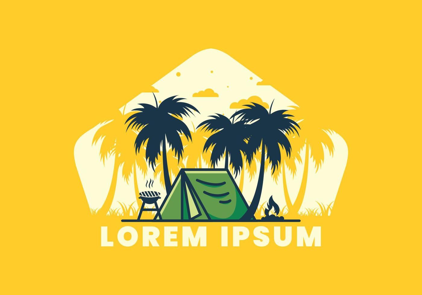 Colorful camping tent and coconut trees illustration vector