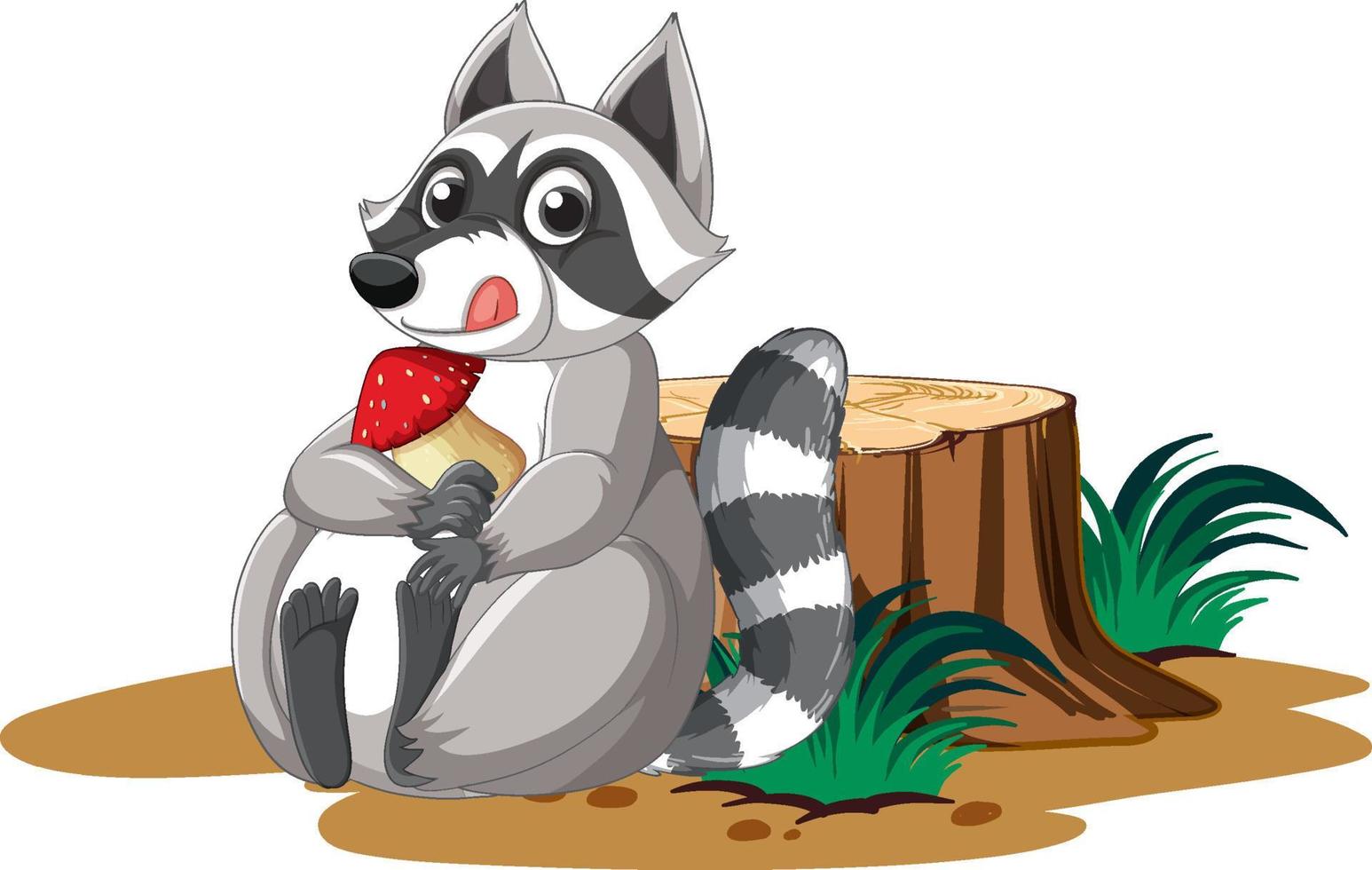 Cute cartoon raccoon holding mushroom with stump on white background vector