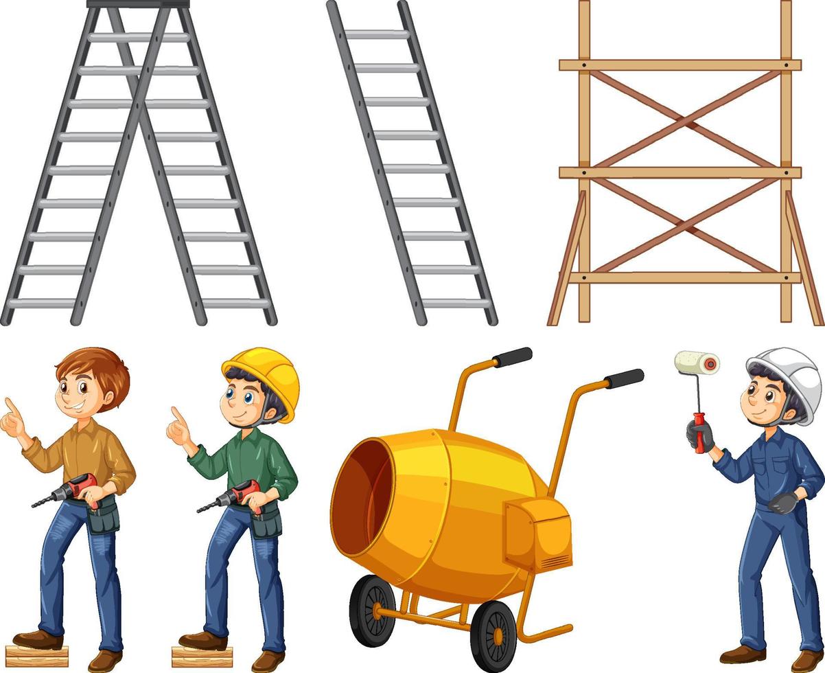 Set of construction site objects and workers vector