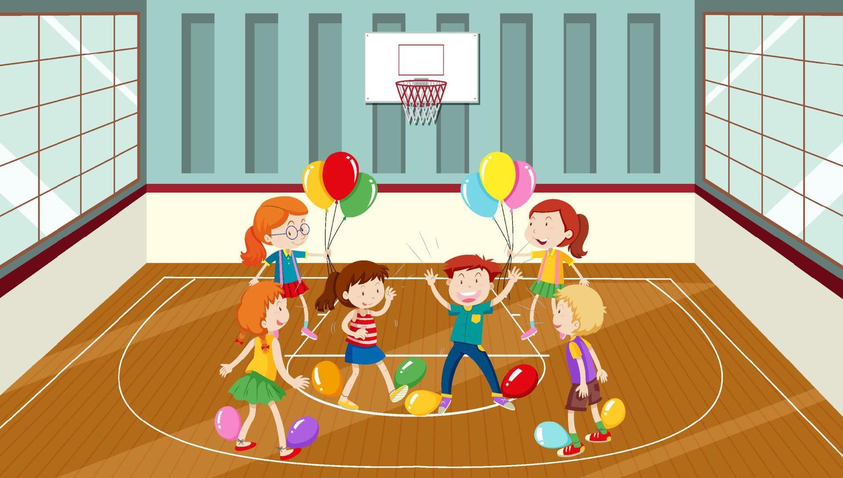 Kids doing physical activity with balloons vector