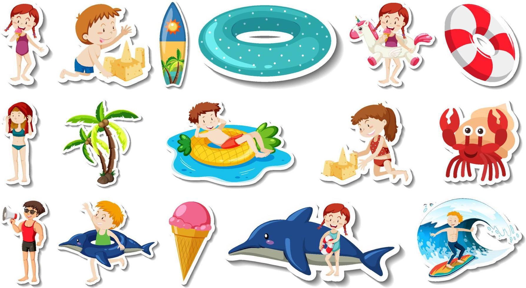 conjunto de artículos de playa de verano y niños. vector