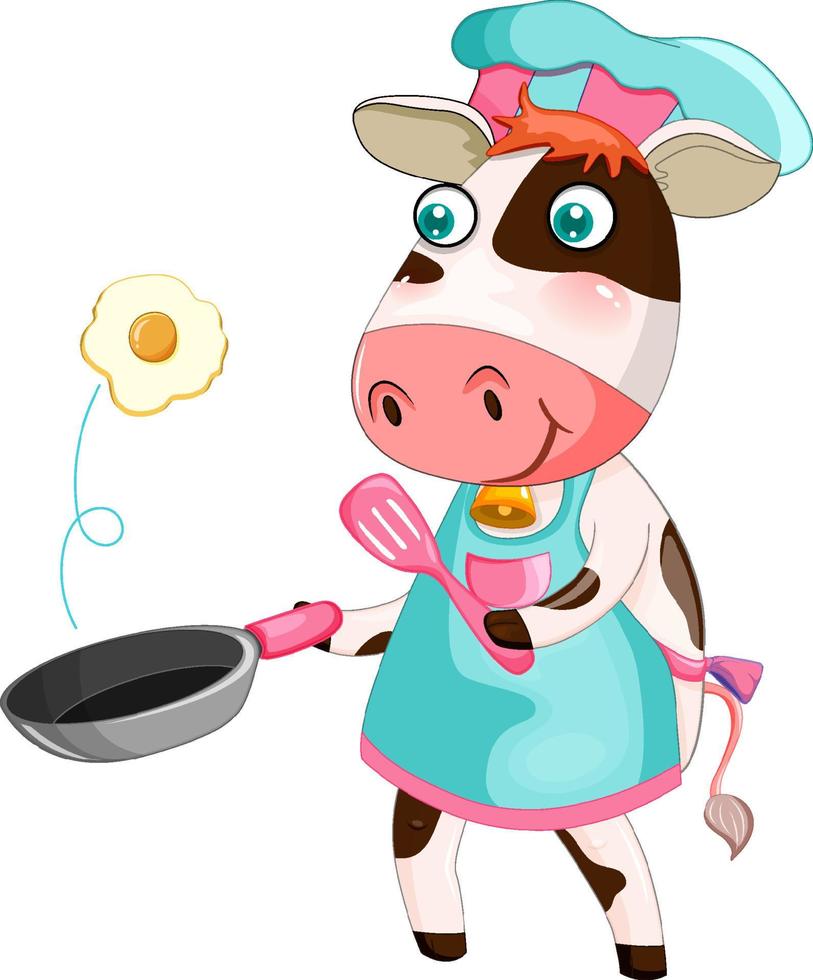 personaje de dibujos animados de vaca cocinando el desayuno vector