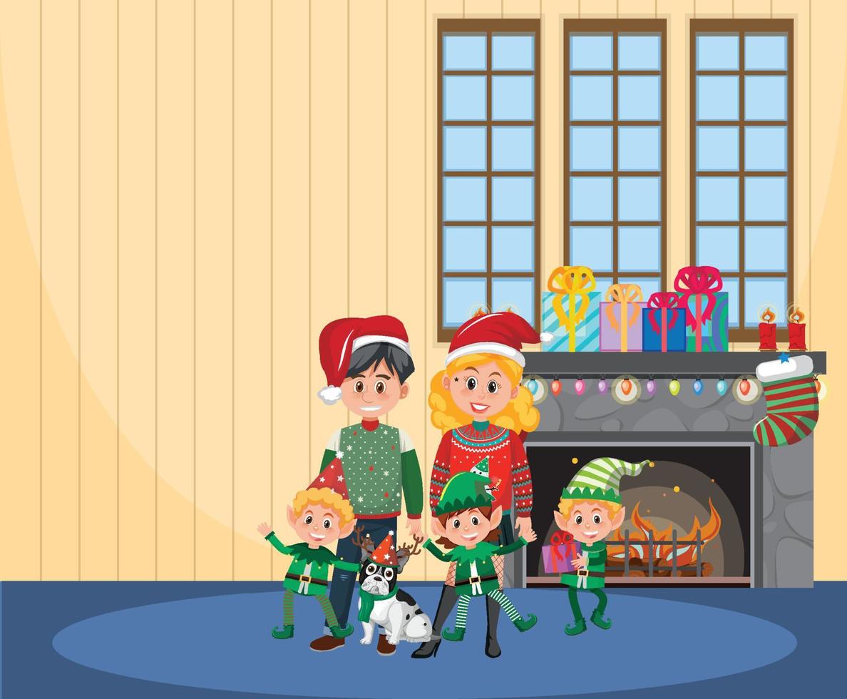 Family by fireplace on Christmas day vector