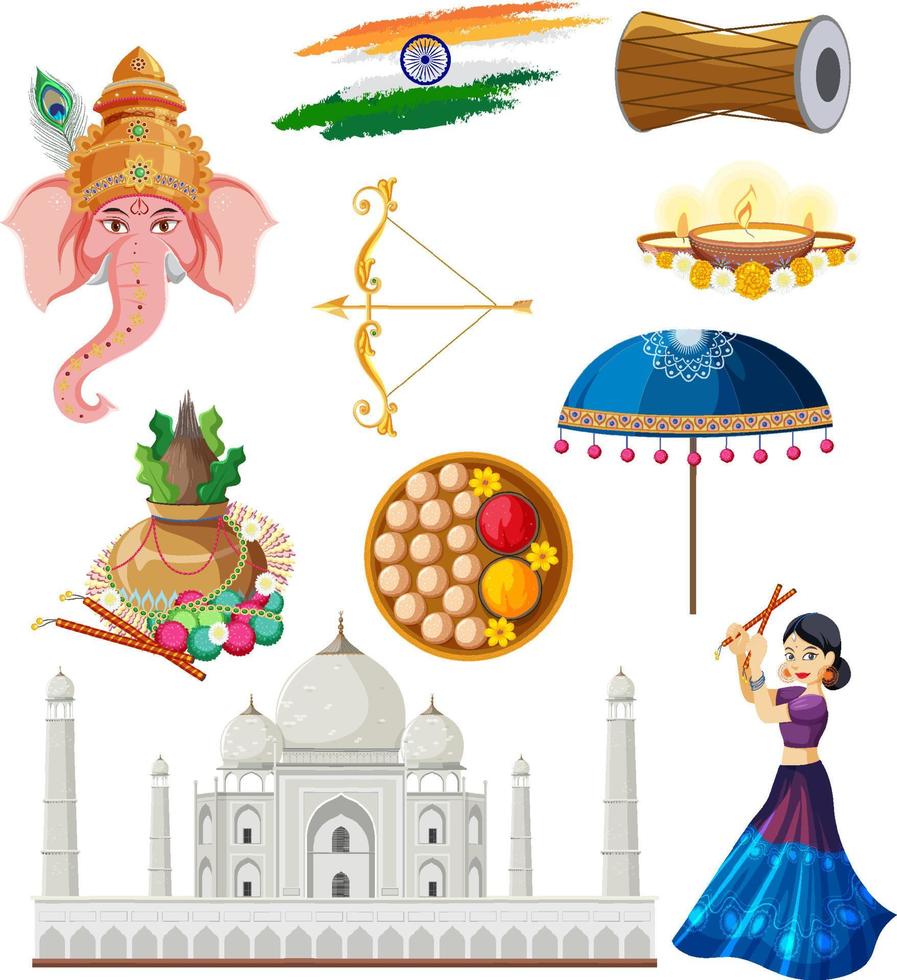 conjunto de objetos y símbolos de la cultura india vector