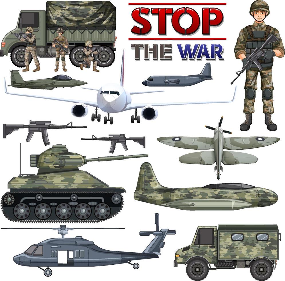 Military elements and vehicles set vector