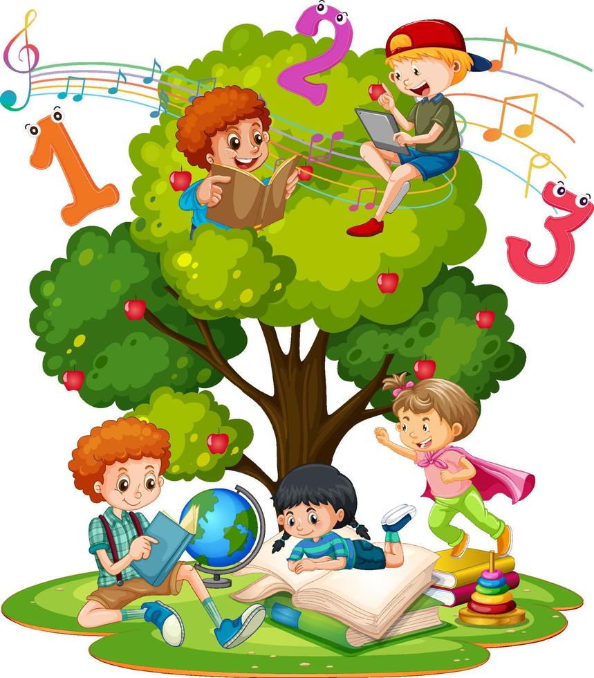 A children are reading books on a stack of books in garden scene vector