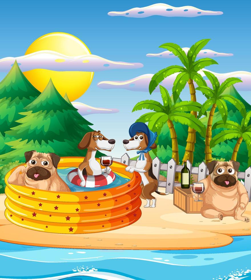 Domestic animals cartoon character on the beach vector