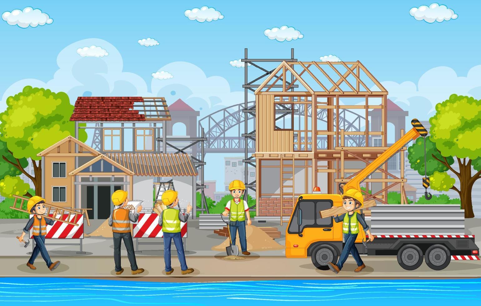 sitio de construcción de edificios con trabajadores vector