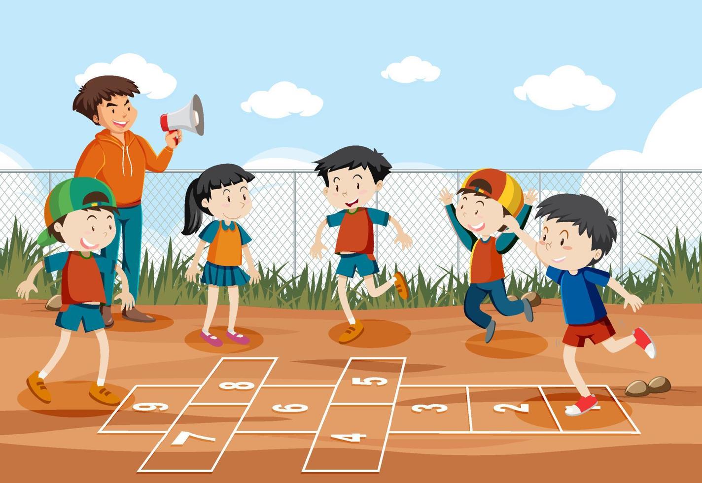 Children playing hopscotch game at the park vector