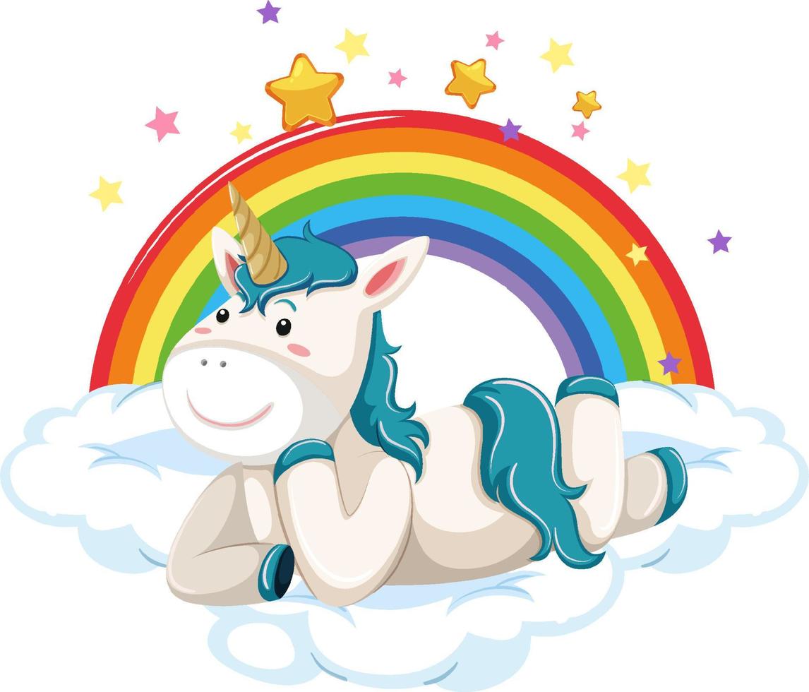 Blue unicorn lying on a cloud with rainbow vector