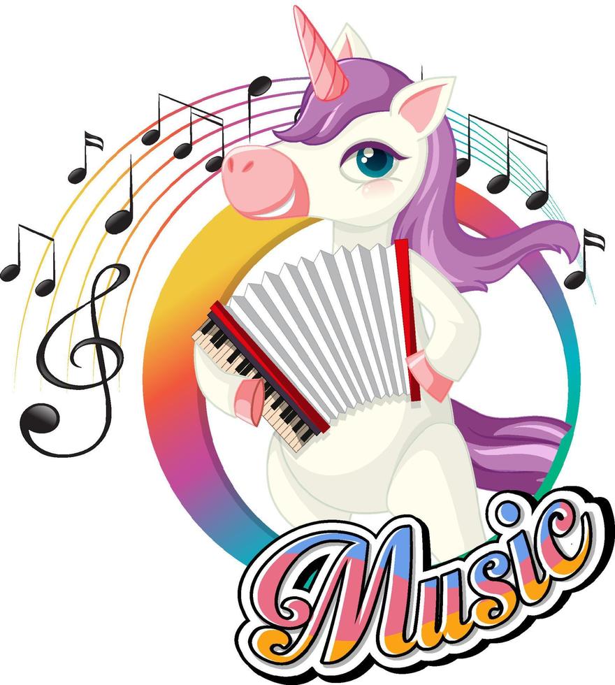 lindo unicornio morado tocando acordeón con notas musicales sobre fondo blanco vector