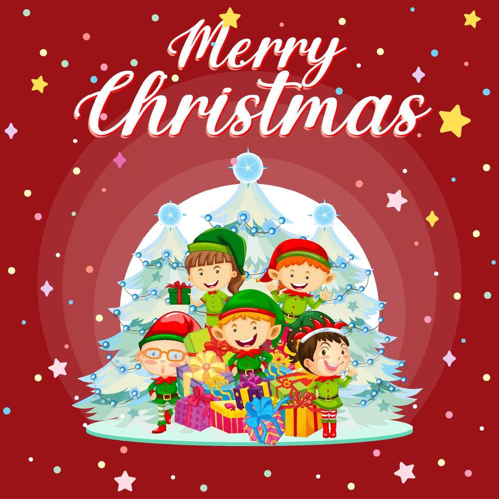 Merry Christmas poster design with cute elves vector