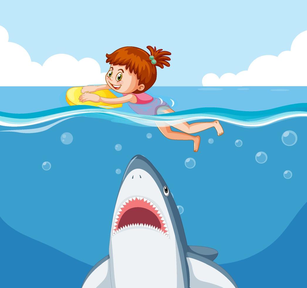 A girl escaping shark in the water vector