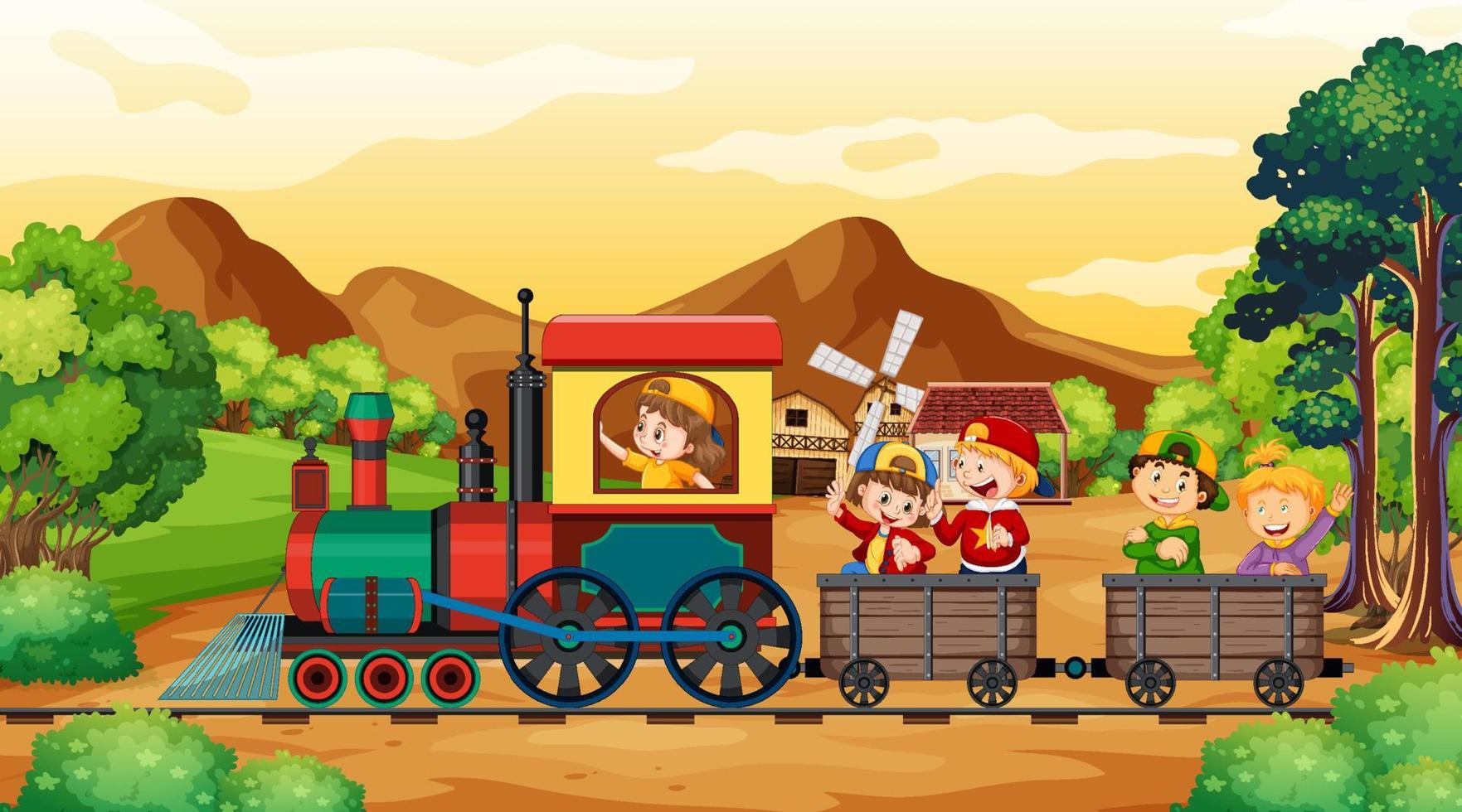 niños en un tren con escena natural vector