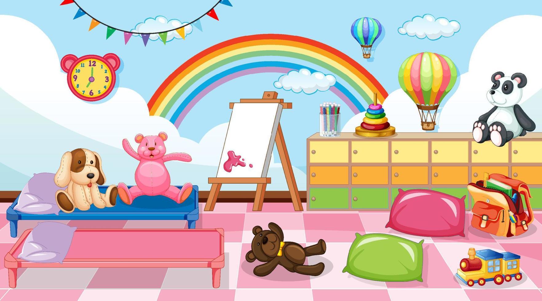 Empty kindergarten classroom interior with many kid toys vector