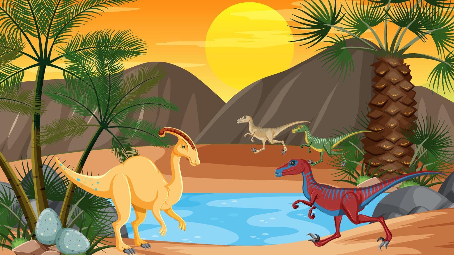 escena con dinosaurios junto al río vector