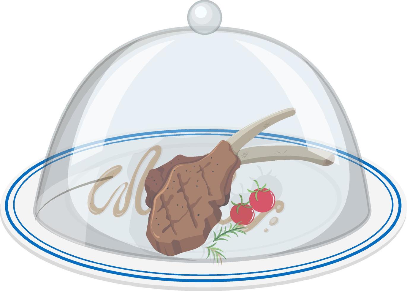 Lamb chop and tomatoes on plate with glass cover on white background vector