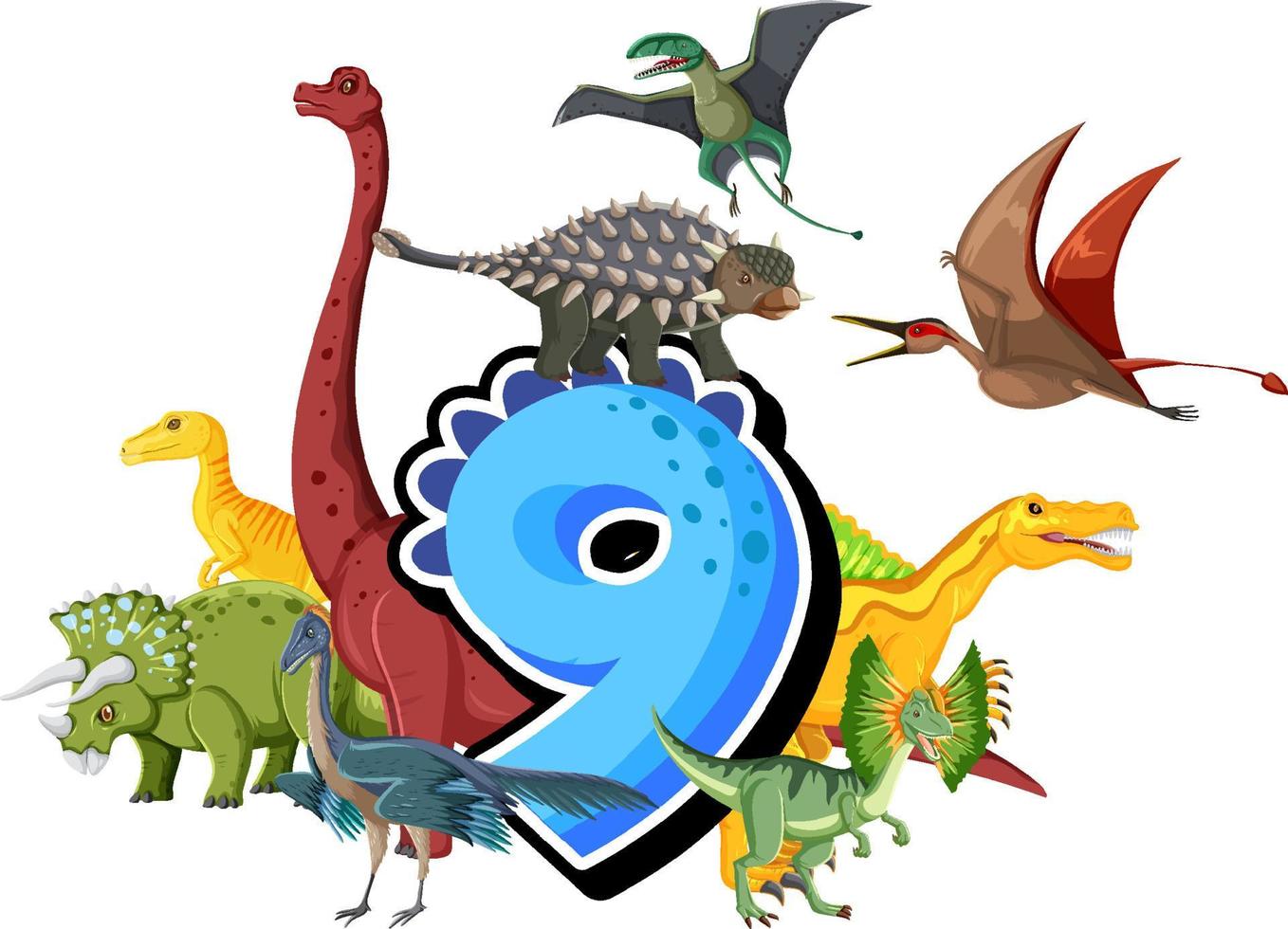 nueve dinosaurios con dibujos animados número nueve vector