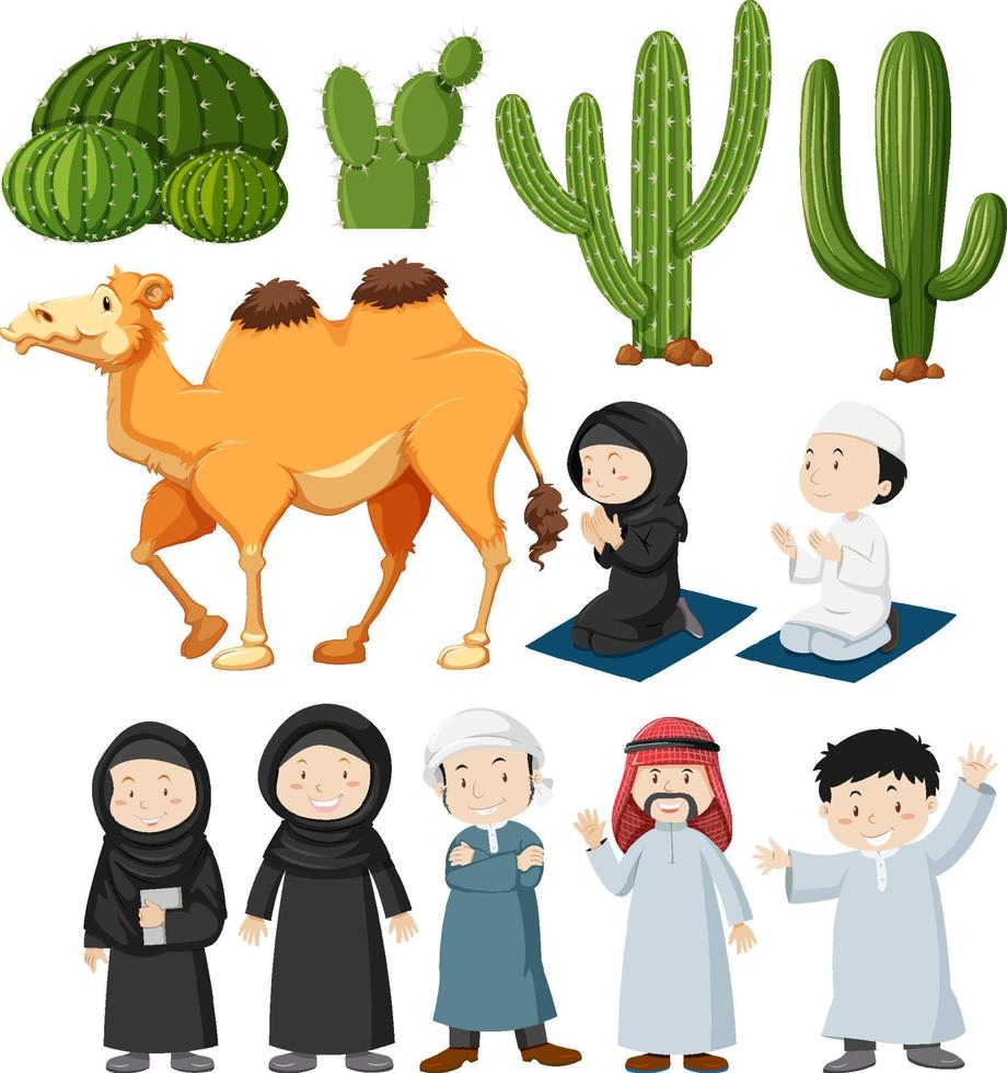 Arabic people and cactus plants vector